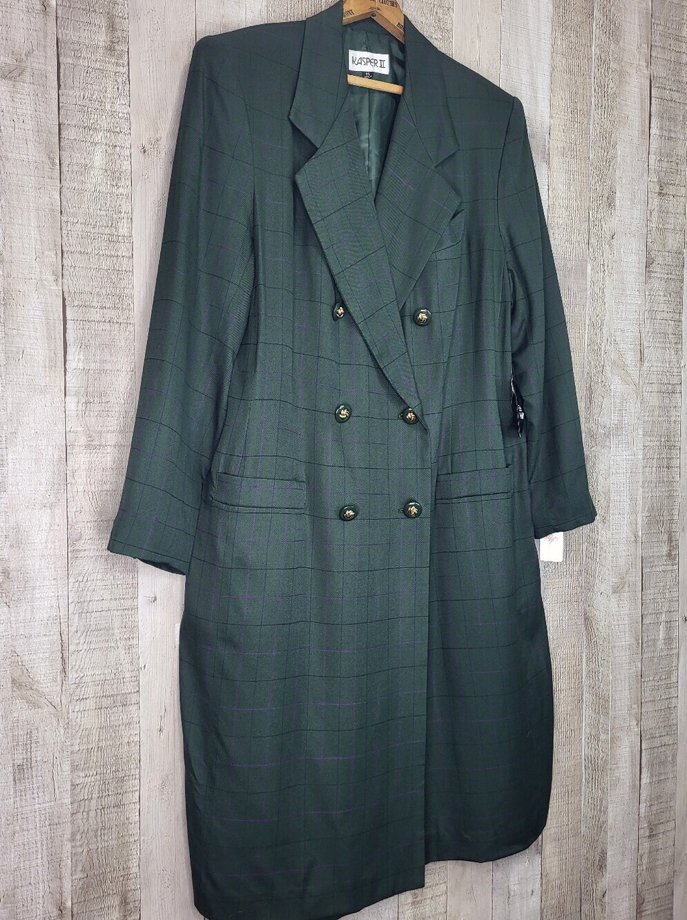Kasper II Women's Dark Green Double-Breasted Long Blazer Dress Jacket. Size 14
